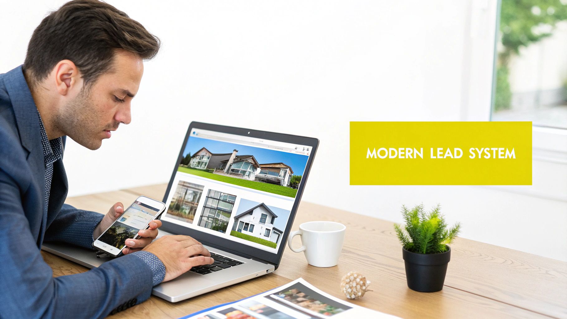 A man uses a laptop and smartphone to search for properties, displaying real estate listings.