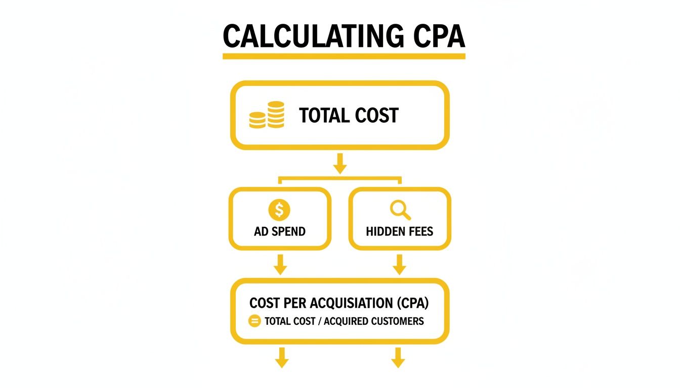 Flowchart illustrating the calculation of Cost Per Acquisition (CPA), including total cost, ad spend, and hidden fees.