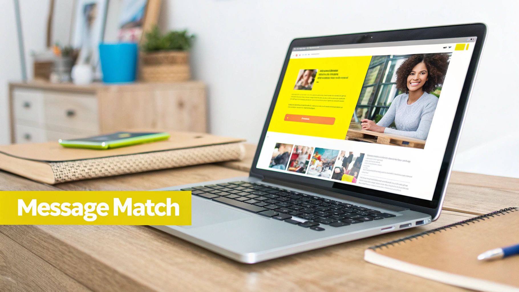 A silver laptop on a wooden desk displaying a website with a smiling woman, next to a smartphone and a notebook.