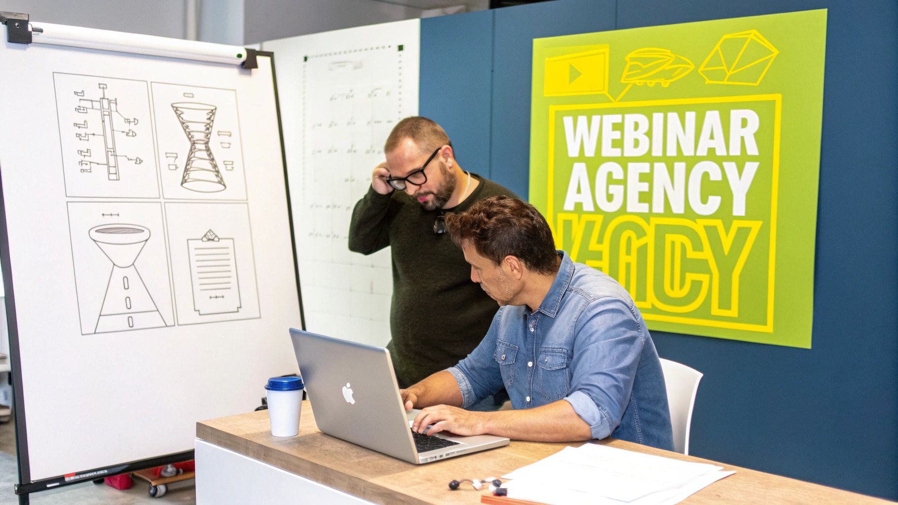 Two men collaborate on a laptop in an office with diagrams and a 'Webinar Agency' sign.