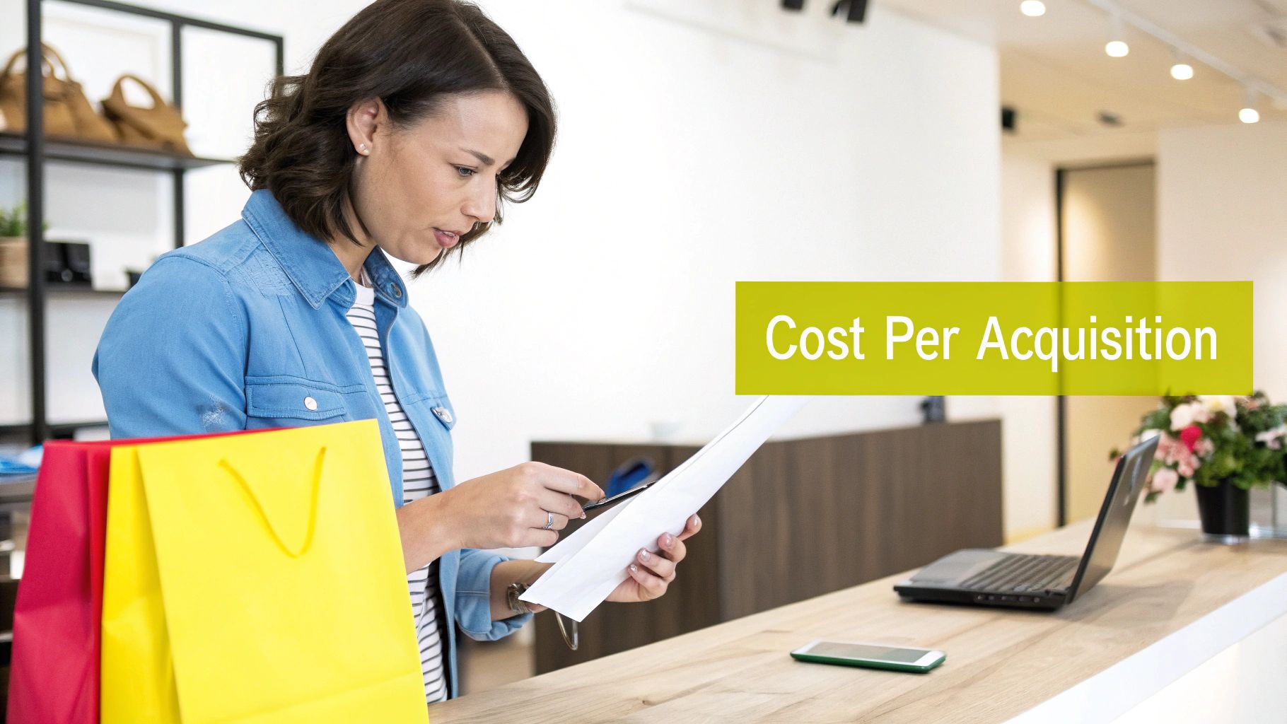 Woman reviewing documents at a retail store counter with shopping bags, laptop, and smartphone.