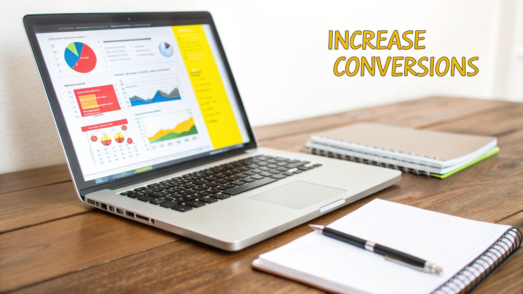 Laptop displaying marketing analytics, charts, and graphs on a wooden desk with notebooks and a pen. Text says 'INCREASE CONVERSIONS'.