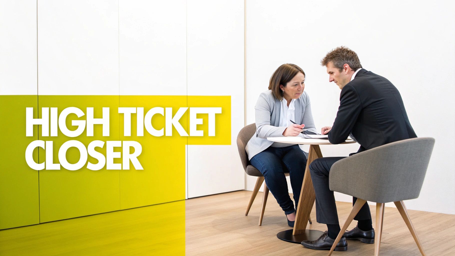 Two professionals in a modern office, discussing documents at a table, with 'HIGH TICKET CLOSER' text.