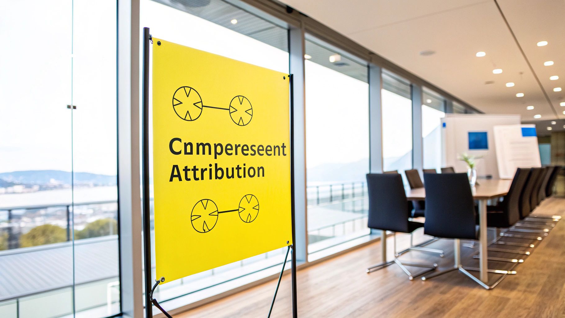 Bright conference room with a yellow sign displaying 'Compereesent Attribution' text and diagrams.