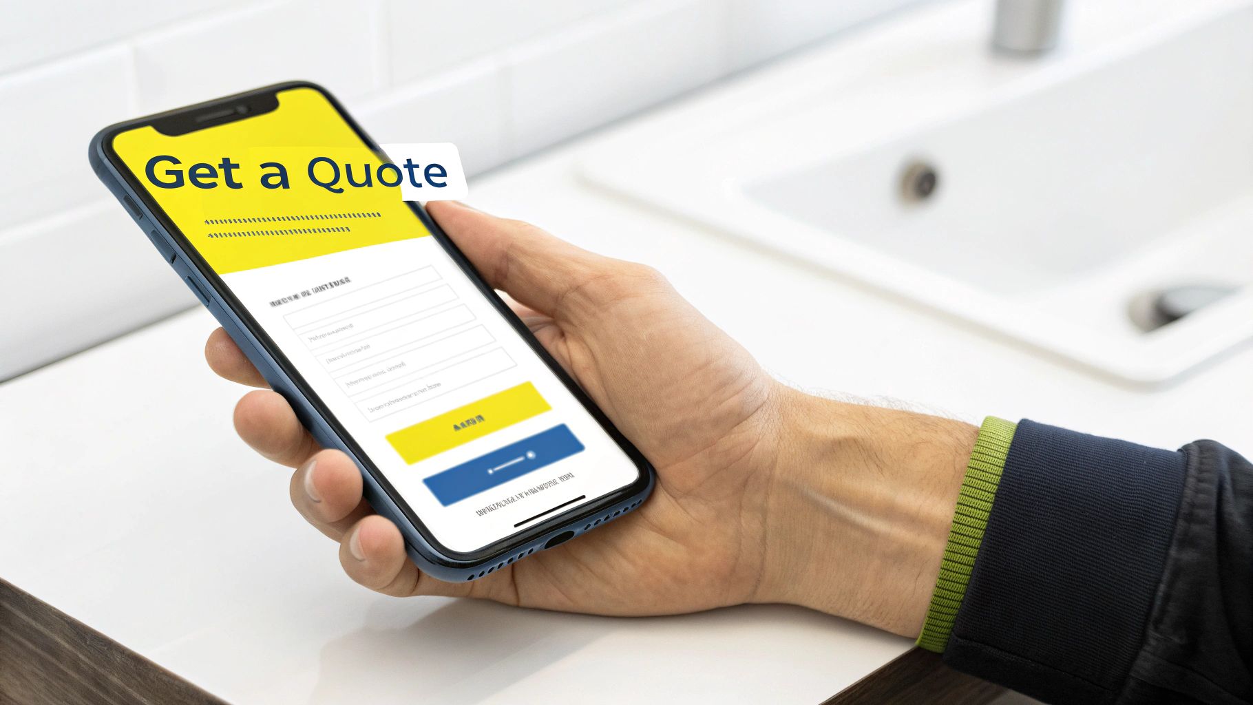 Close-up of a person holding a smartphone displaying a 'Get a Quote' form for services.