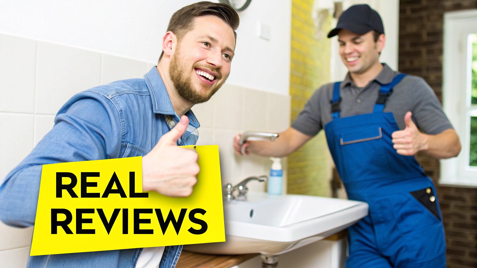 A happy customer and a plumber giving thumbs up in a bathroom, with "REAL REVIEWS" text.