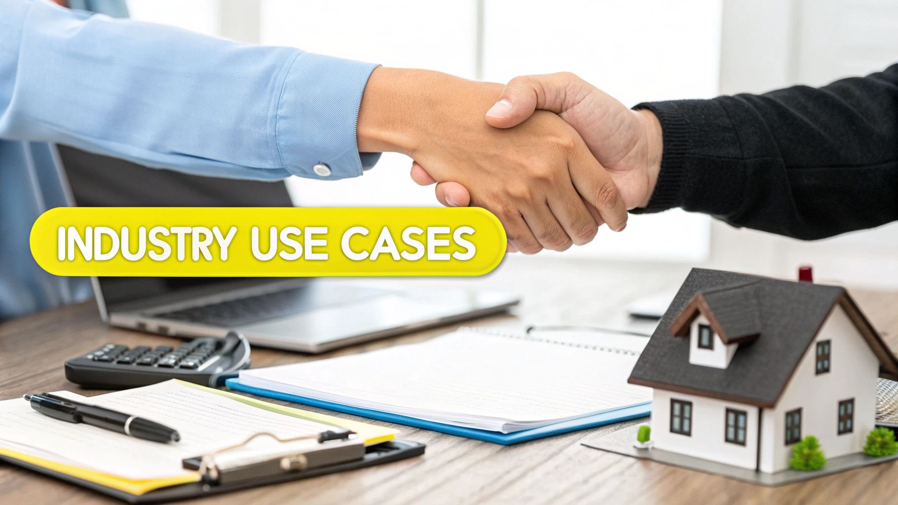 Business partners shaking hands over a desk with a miniature house and 'INDUSTRY USE CASES' text.