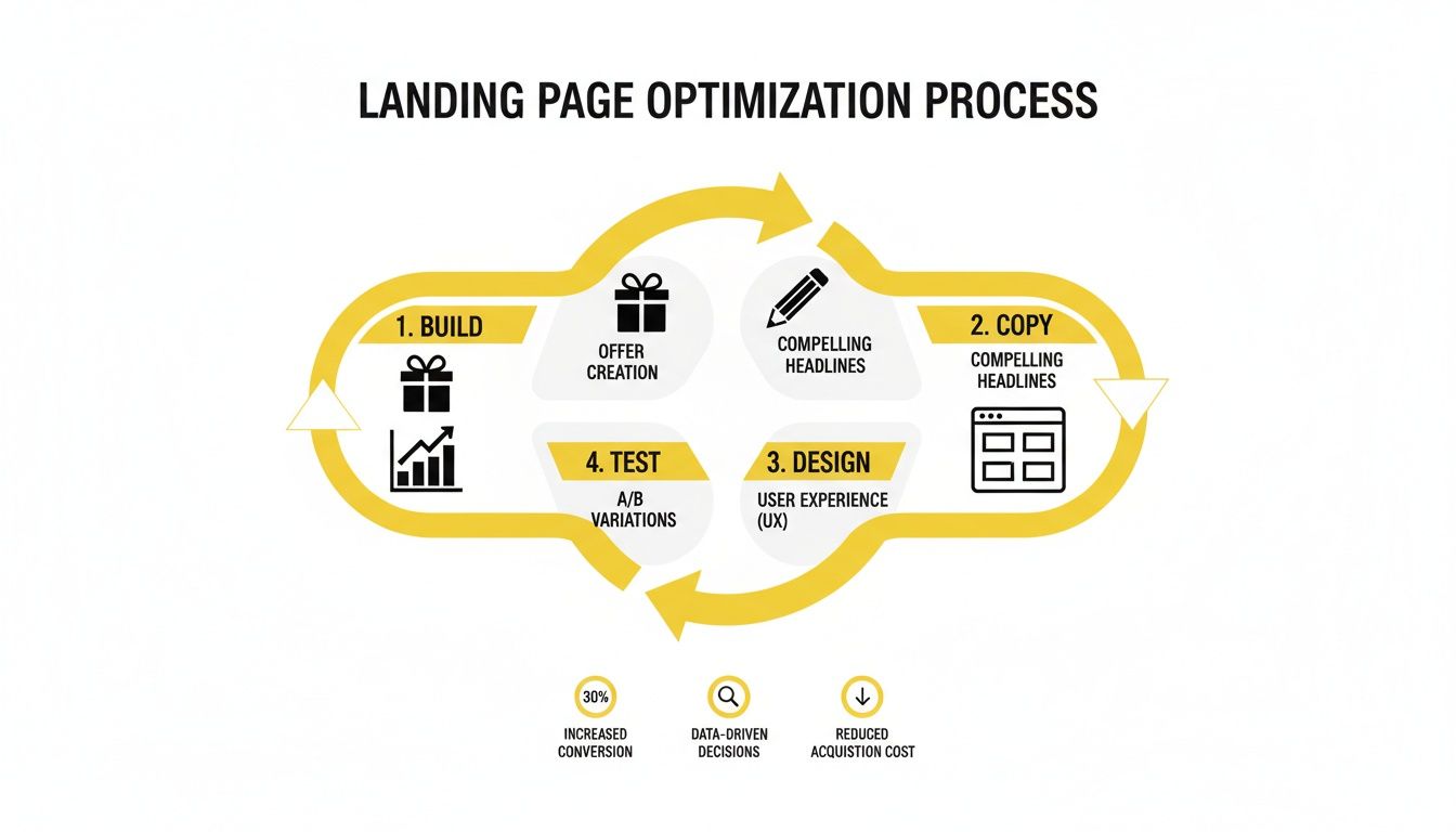 Landing page optimization process infographic detailing steps: build, copy, design, test, leading to conversions.