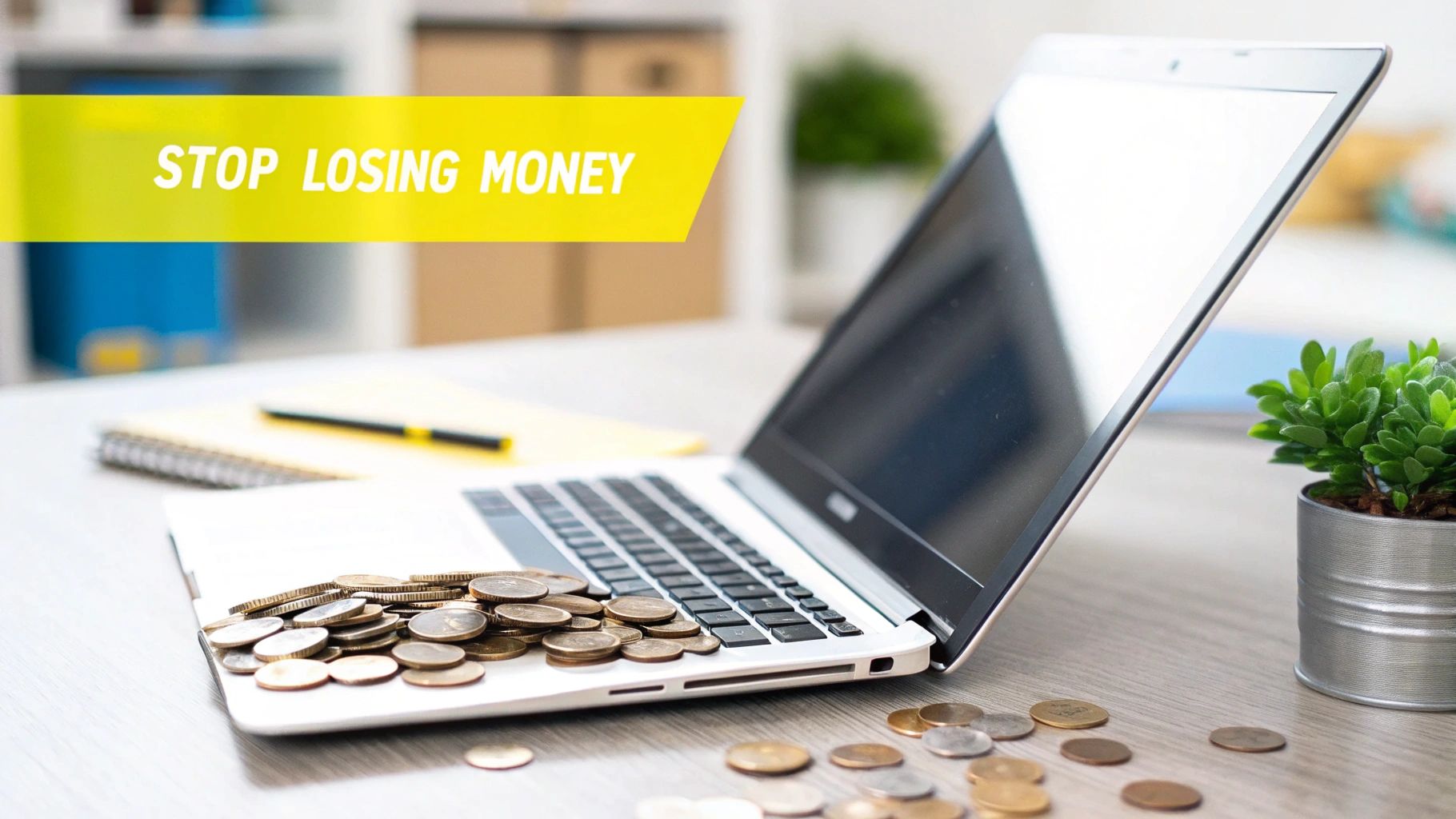Laptop with coins on its keyboard and desk, next to a plant, with a 'STOP LOSING MONEY' banner.