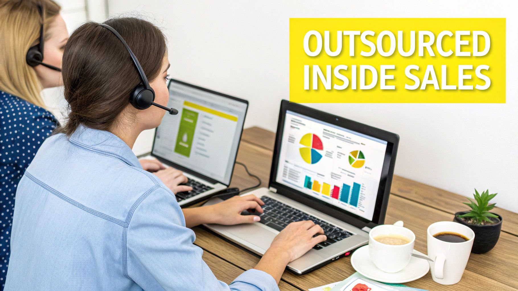 Two sales agents in headsets work on laptops with data, embodying outsourced inside sales.