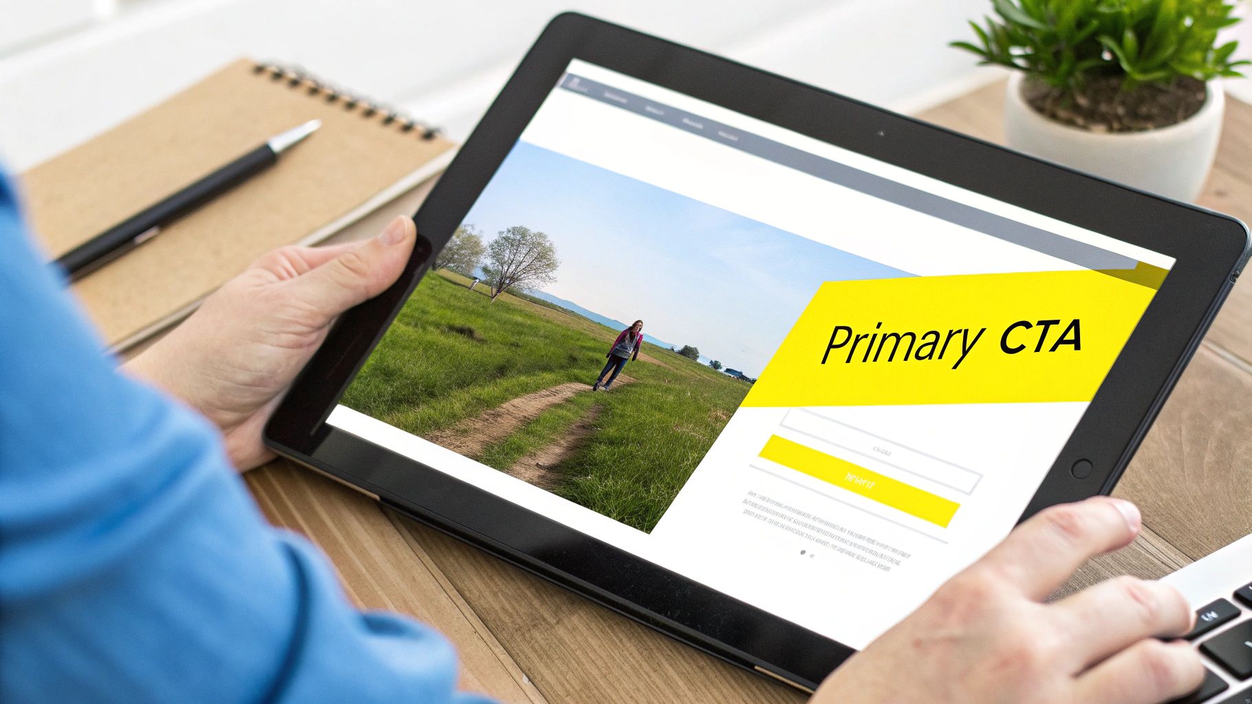 Person holding a tablet displaying a website landing page with a prominent 'Primary CTA' section.
