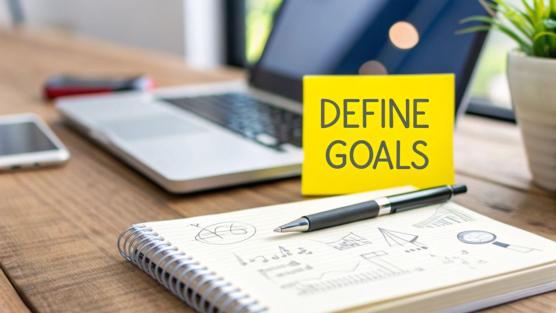 A desk with a laptop, smartphone, pen, notebook, and a yellow sticky note saying 'DEFINE GOALS'.