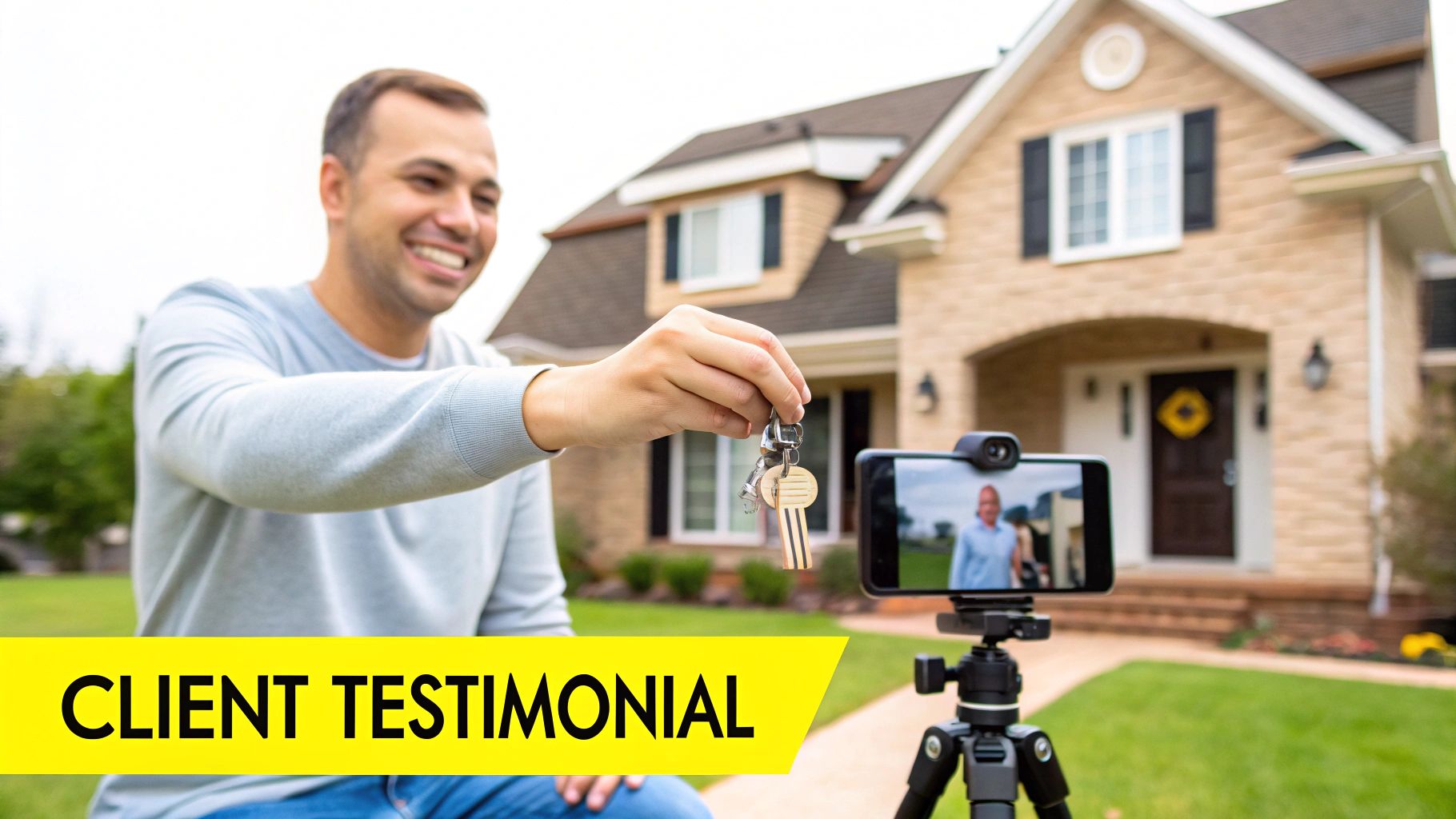 A happy client records a video testimonial, holding new house keys in front of his home.