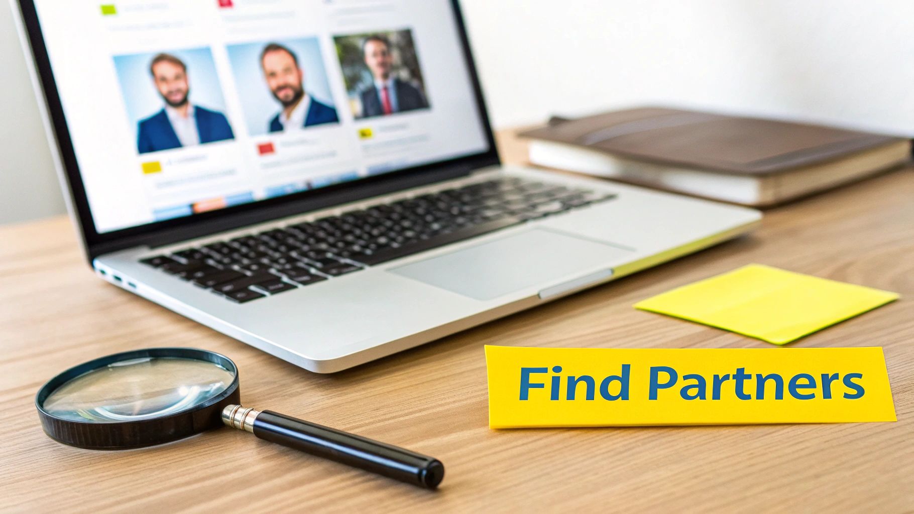 A laptop displaying professional profiles, a magnifying glass, and a 'Find Partners' sign on a wooden desk.