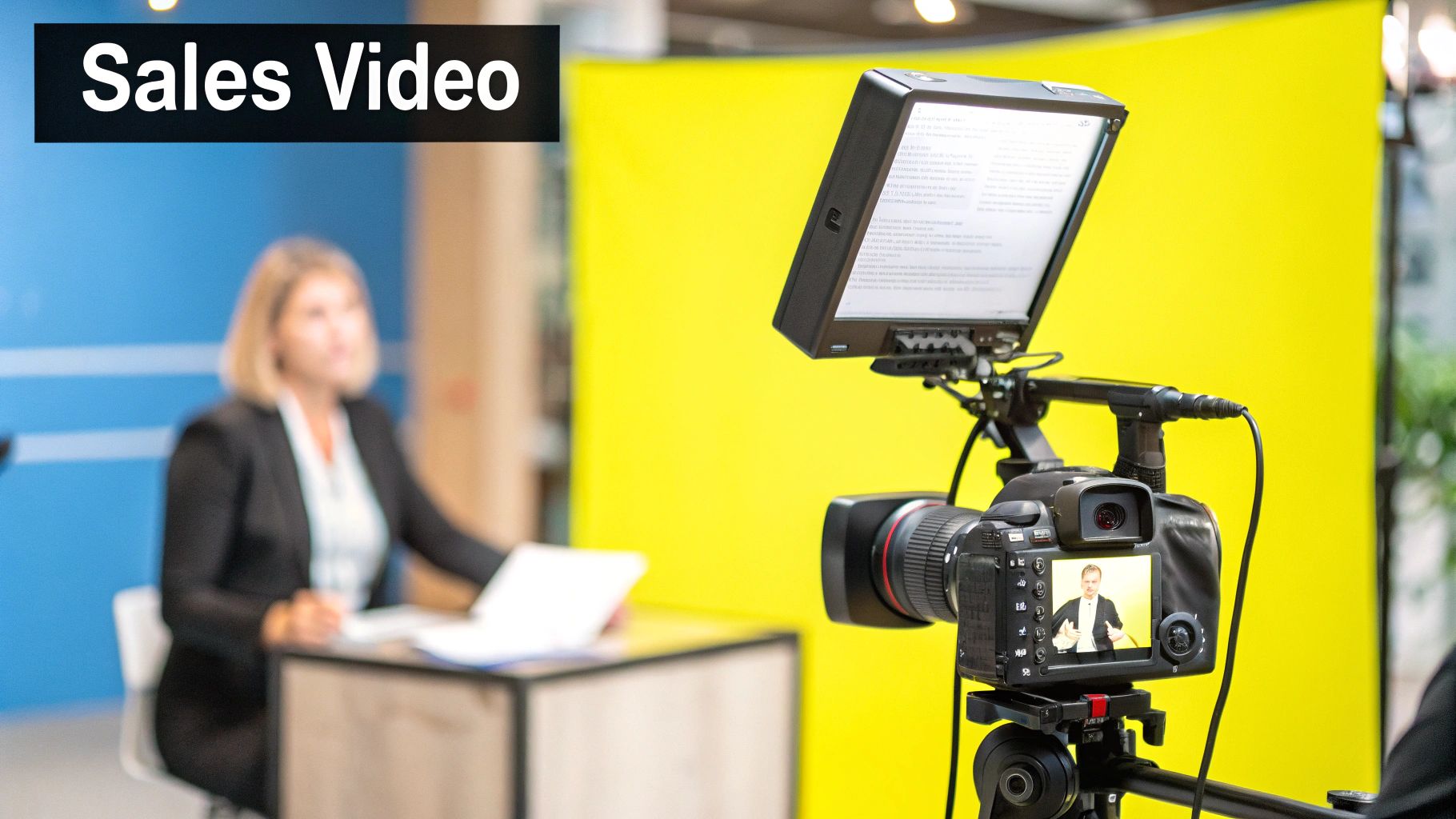 A camera with a teleprompter recording a woman at a desk in a studio with a yellow background for a sales video.