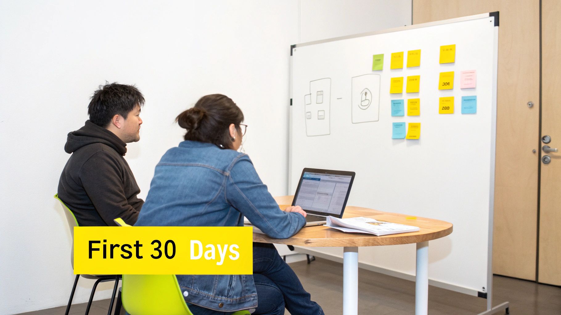 Two colleagues brainstorm ideas in an office, using a laptop and a whiteboard with sticky notes.