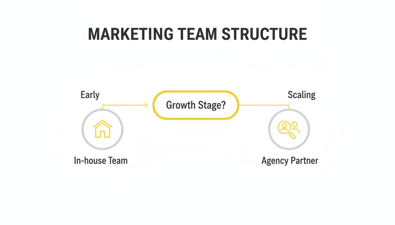 Marketing team structure diagram showing early in-house team, growth stage, and scaling with an agency partner.
