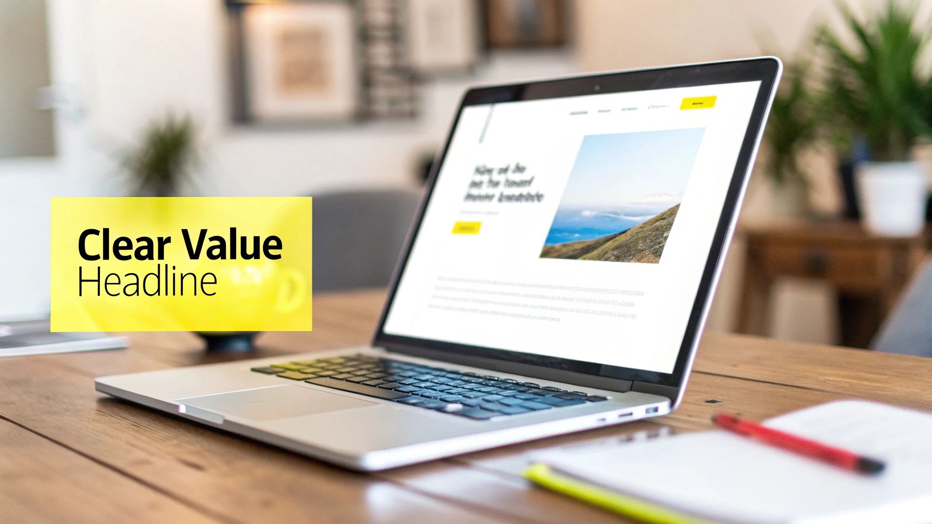 A laptop on a wooden desk displaying a website with a value headline, suggesting digital marketing.