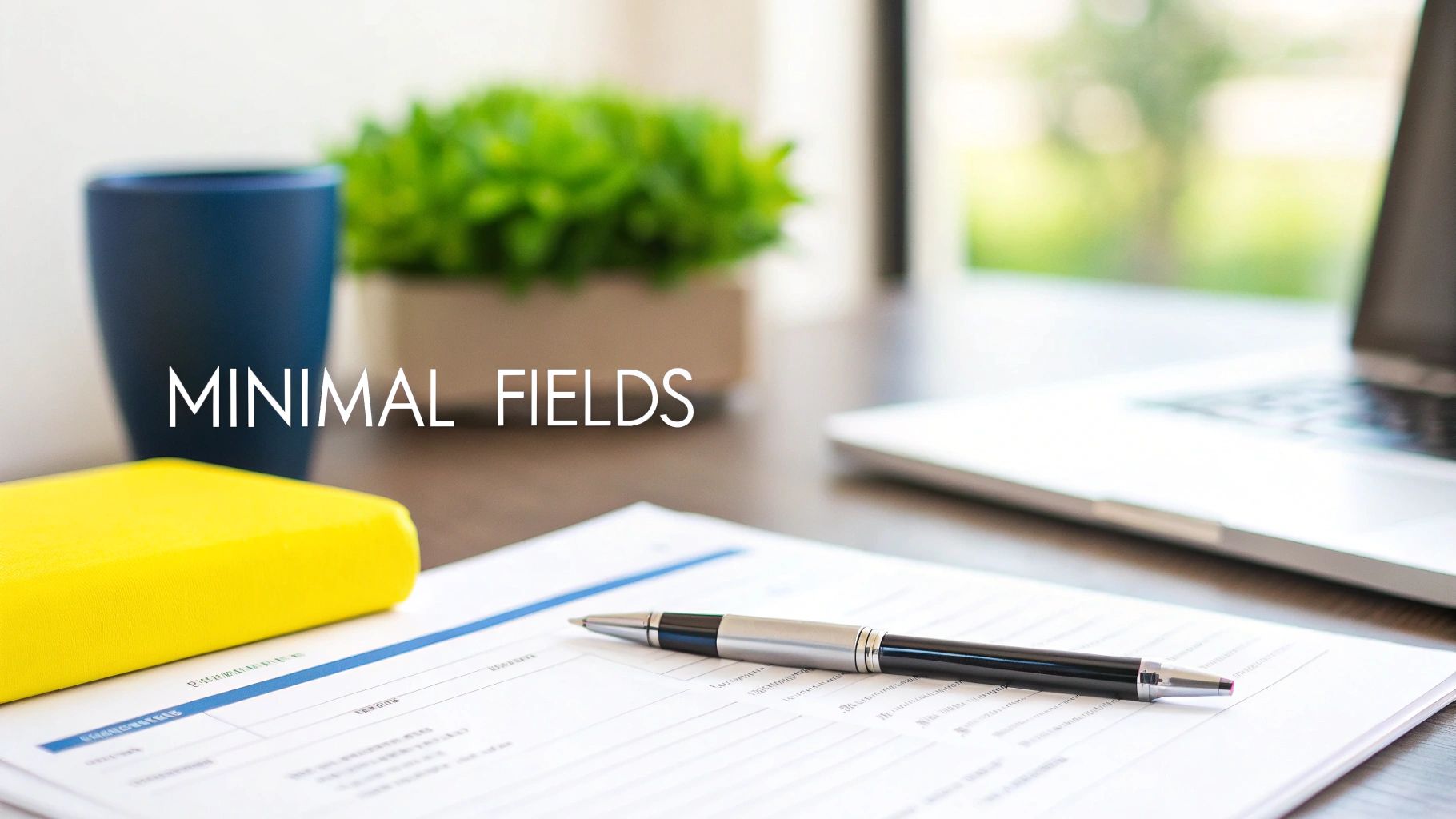 A clear photo of an organized desk with a document, pen, laptop, and plant. The text 'MINIMAL FIELDS' is overlaid.