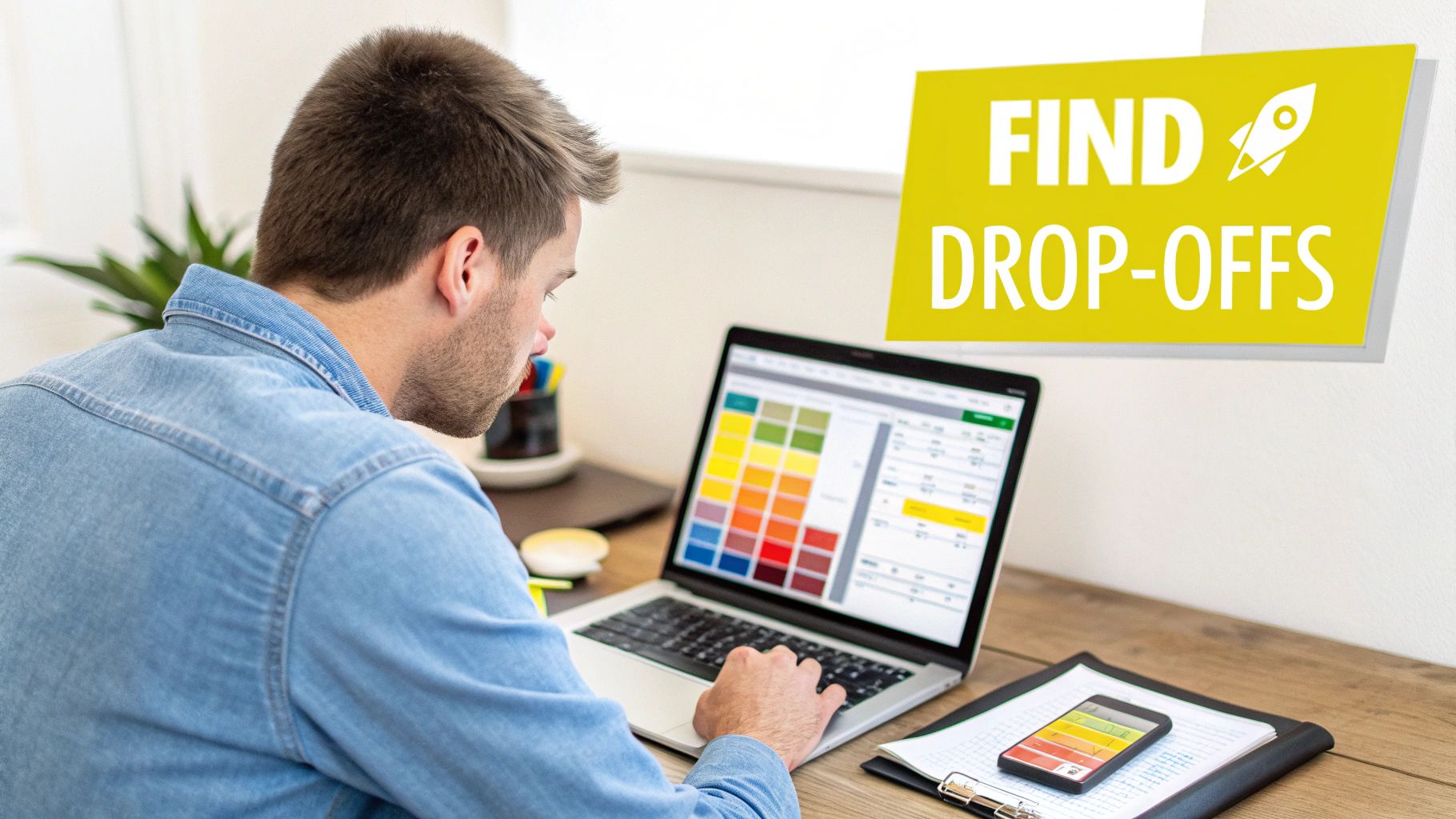 A man in a denim shirt works on a laptop showing a color palette, with a 'FIND DROP-OFFS' sign nearby.