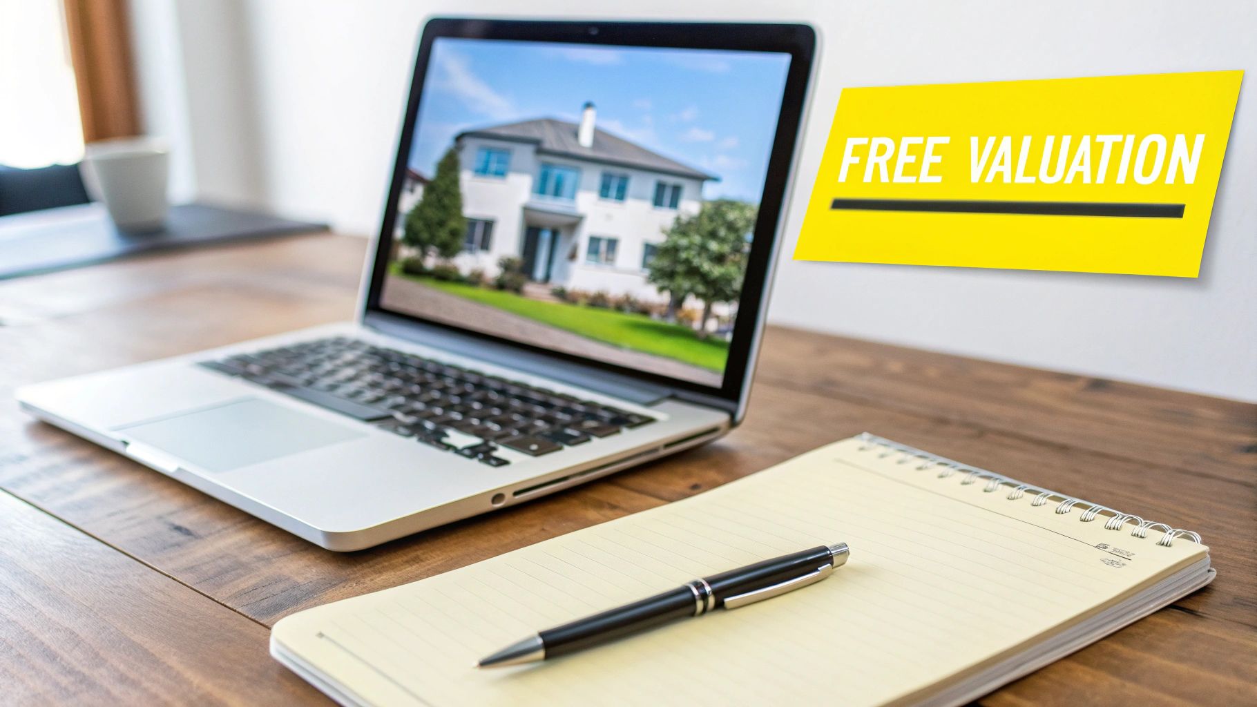A laptop displaying a house, with a notebook, pen, and a 'FREE VALUATION' sign on a wooden desk.