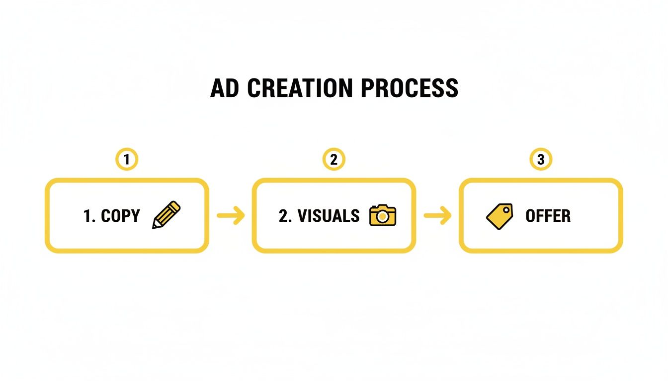 Flowchart showing the ad creation process steps: copy, visuals, and offer, with corresponding icons.