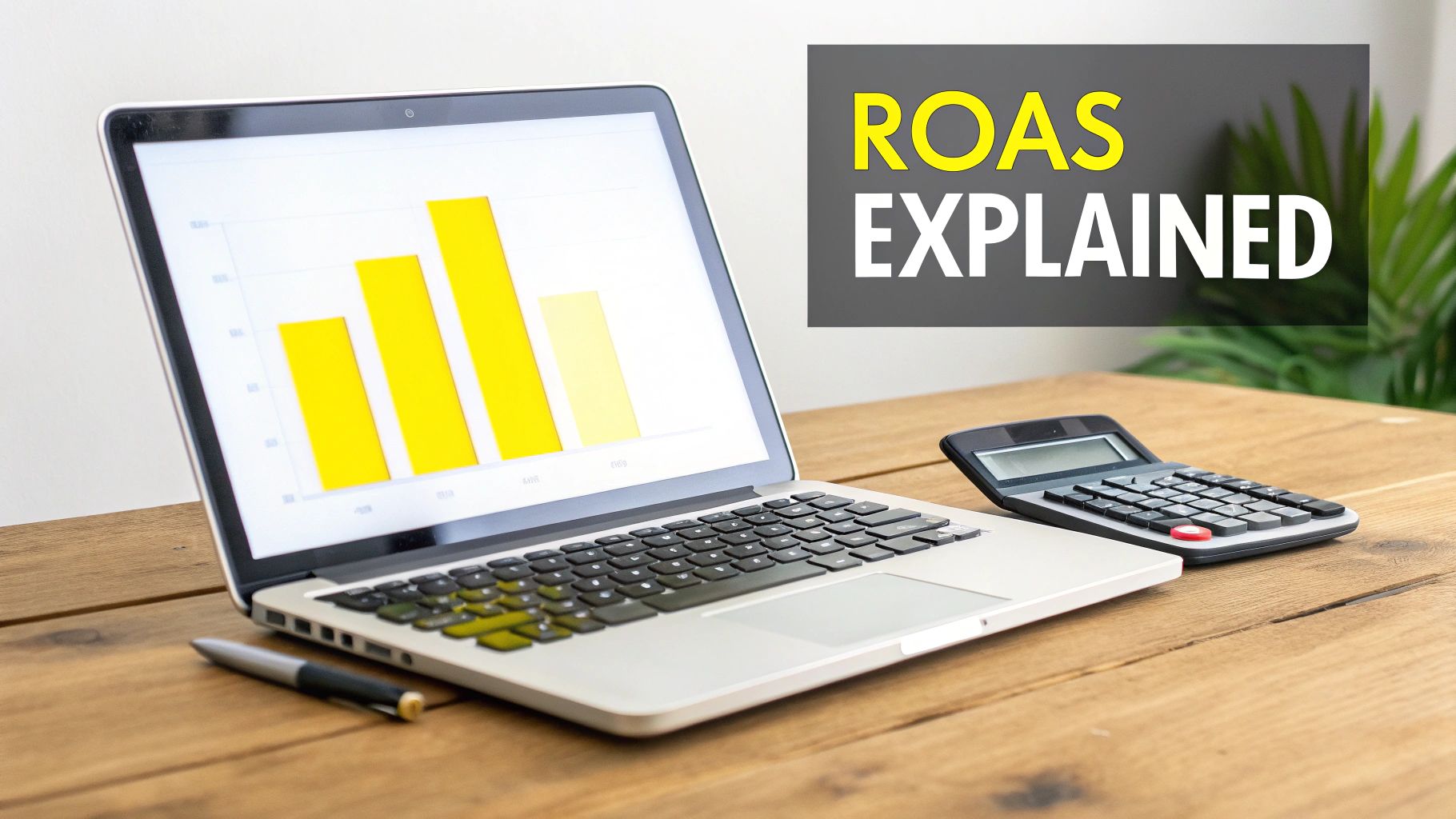 Laptop displaying a bar graph, calculator, and pen on a desk with 'ROAS Explained' text.