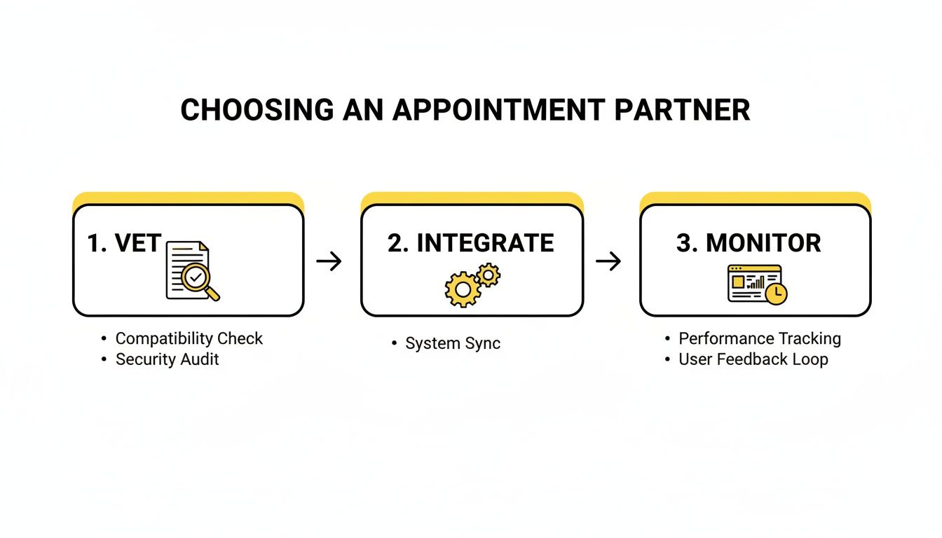 A three-step process diagram for choosing an appointment partner: Vet, Integrate, and Monitor for successful partnership.