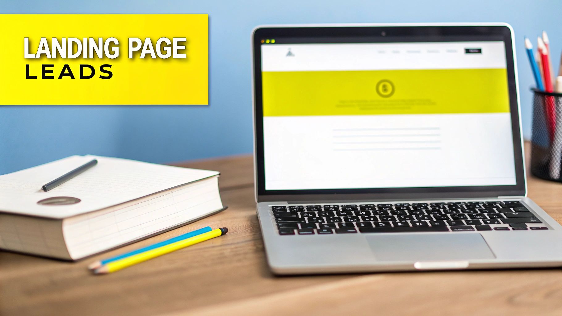 A laptop displaying a landing page and text 'LANDING PAGE LEADS' on a wooden desk with a book and pencils.