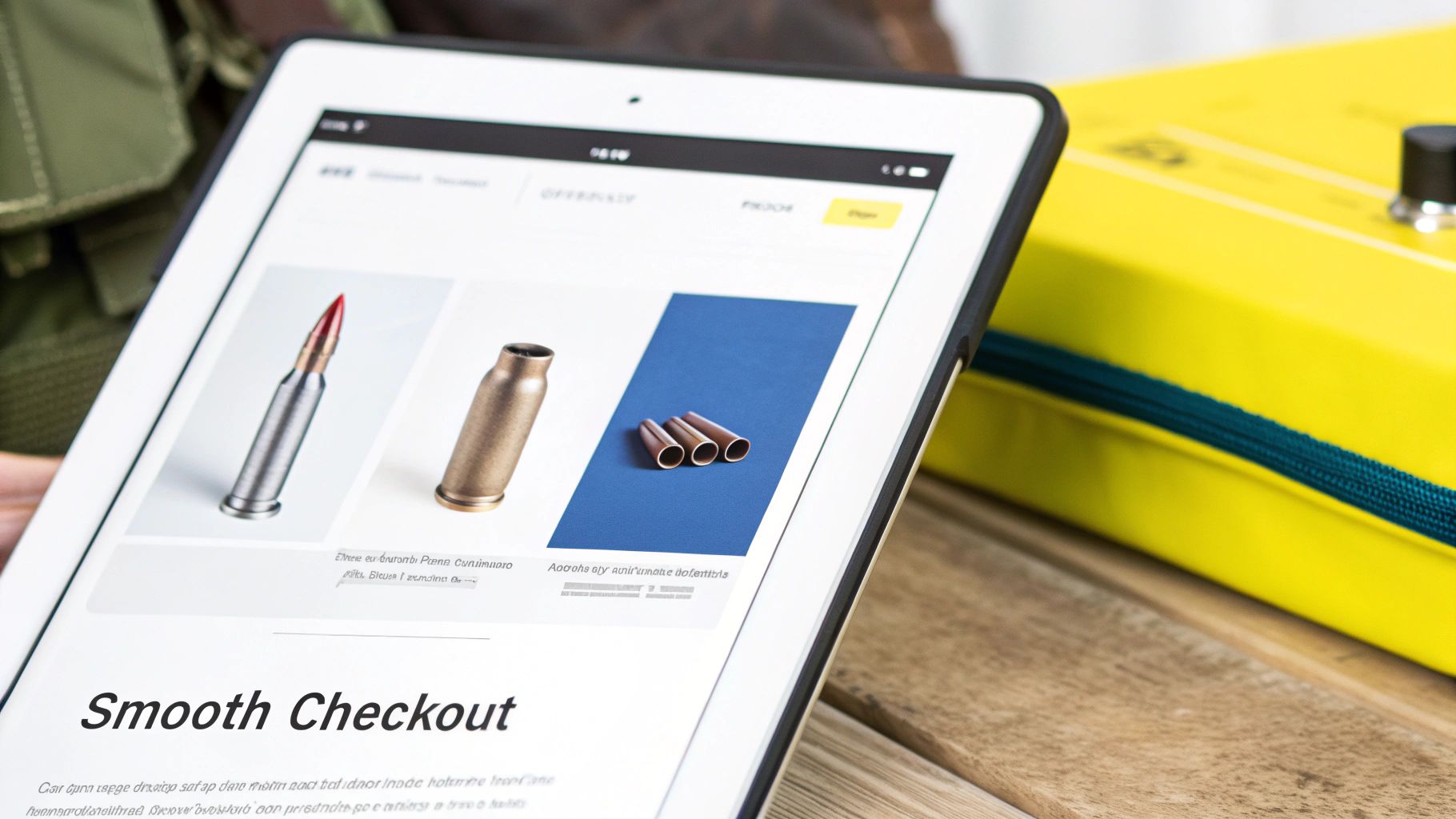 A tablet displays an e-commerce page showing various bullets and a 'Smooth Checkout' title.