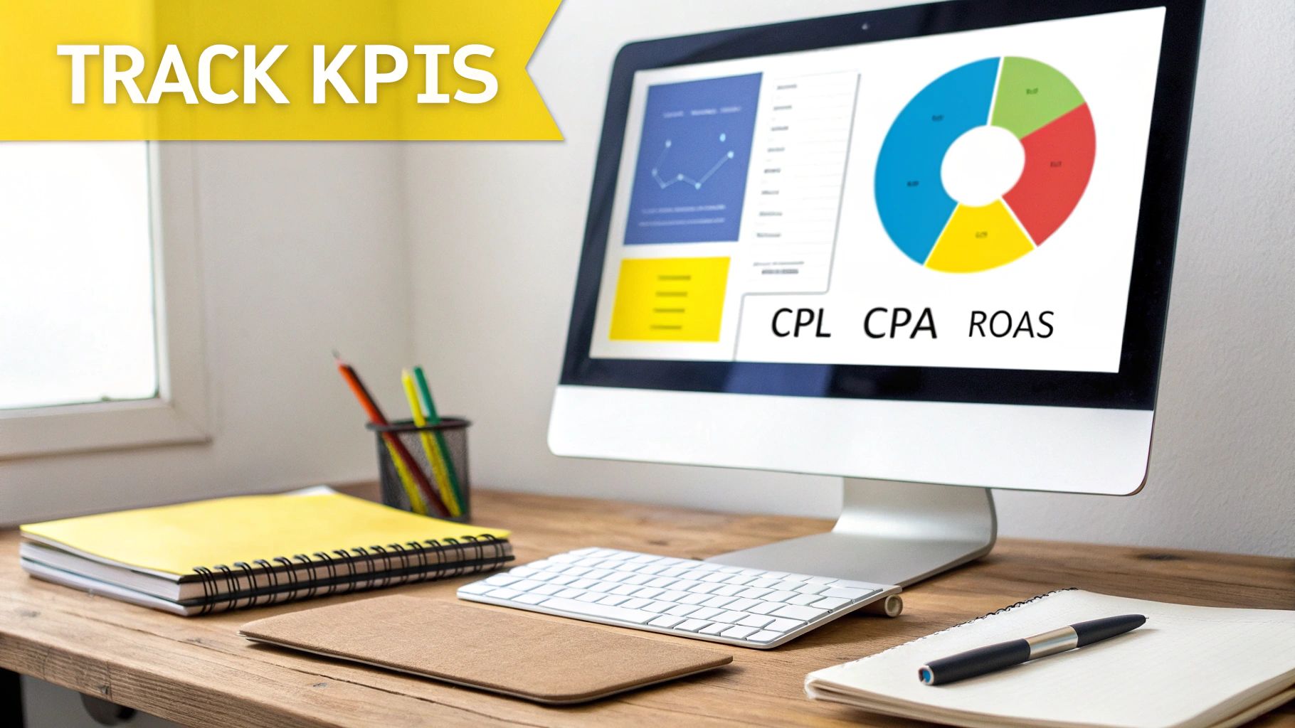 A computer monitor displaying a dashboard with charts, CPL, CPA, ROAS metrics, and a 'TRACK KPIS' banner.