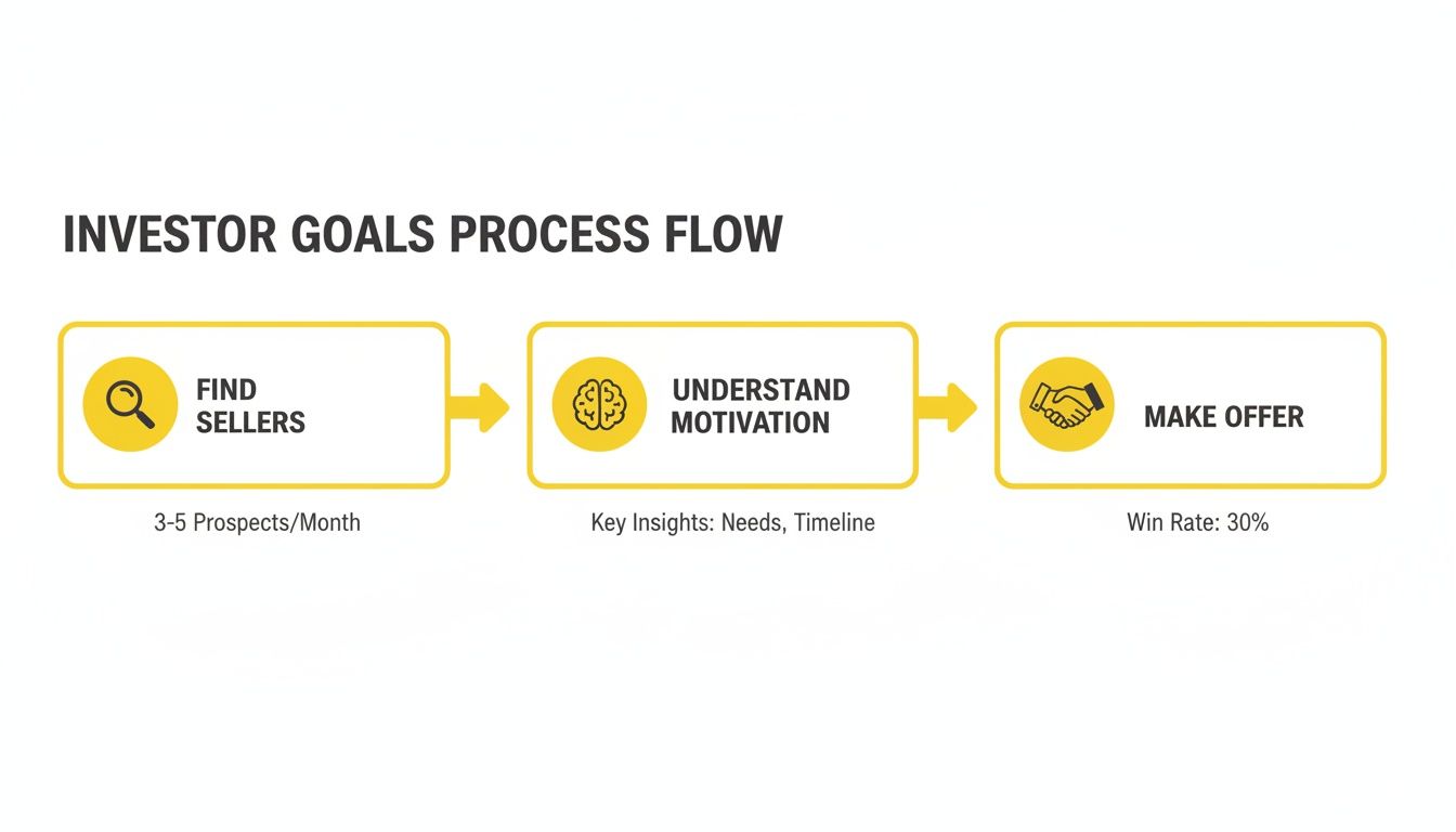Investor goals process flow diagram with steps: Find Sellers, Understand Motivation, Make Offer, showing key metrics.