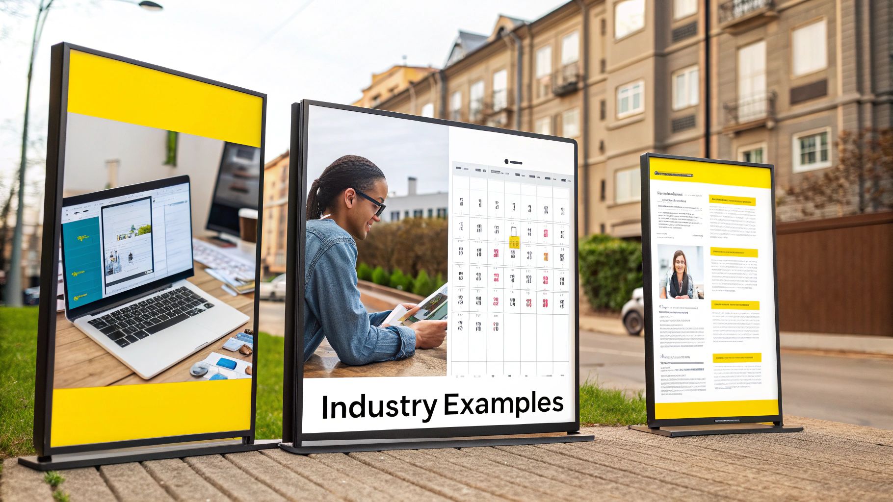 Three outdoor digital displays showcase data-driven marketing examples, including web design, calendars, and articles.