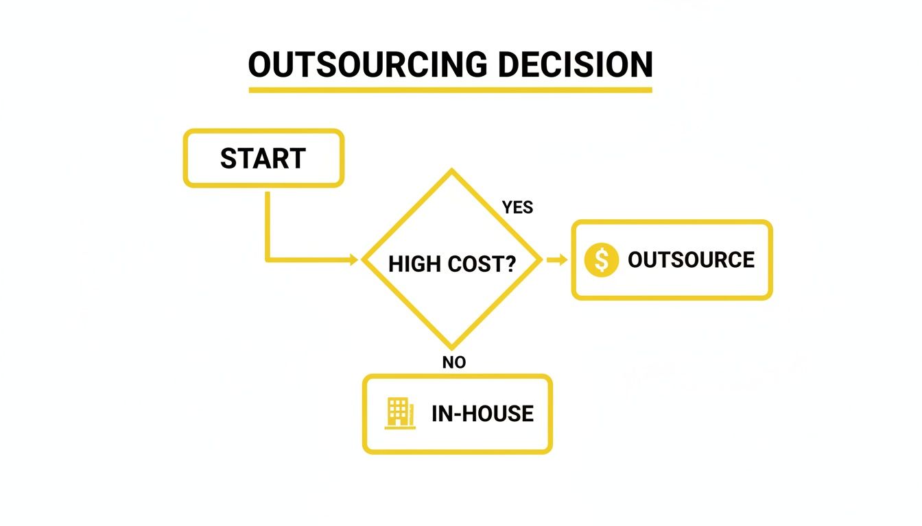 A flowchart outlining the outsourcing decision process: start, then evaluate if the cost is high. If yes, outsource; if no, keep it in-house.