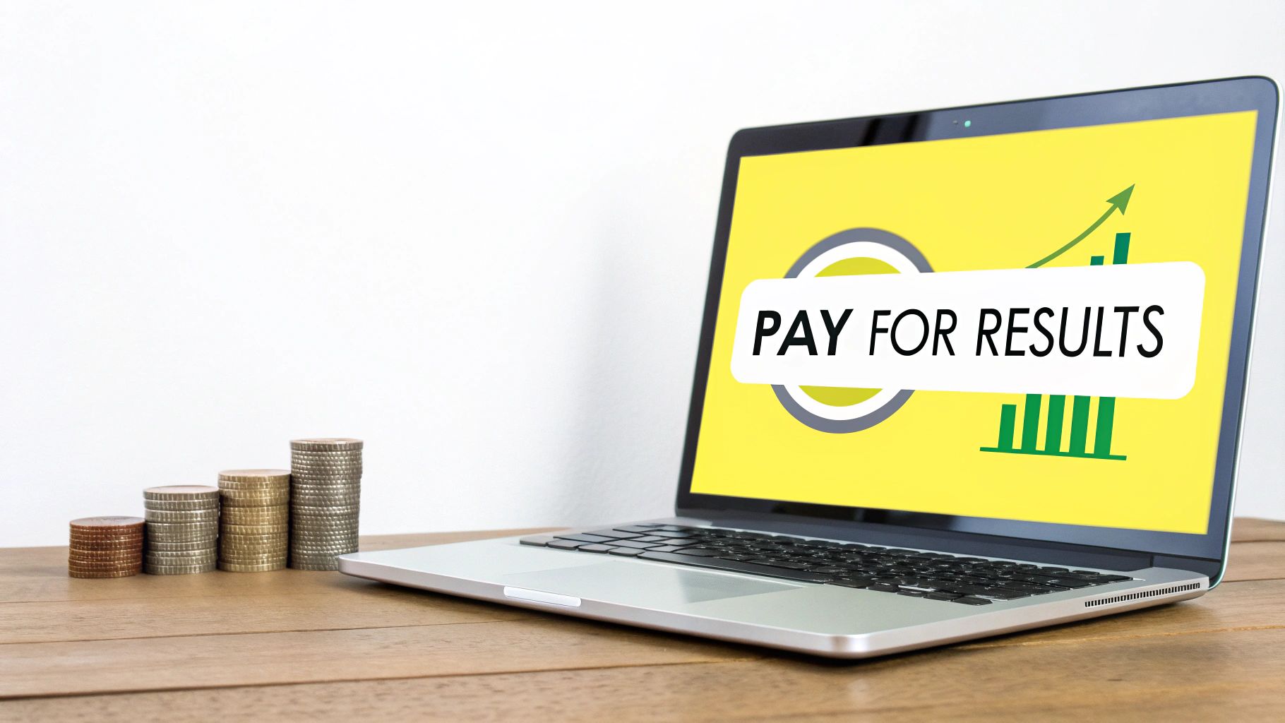 A laptop displaying 'Pay For Results' with a growing graph and increasing coin stacks on a wooden desk.