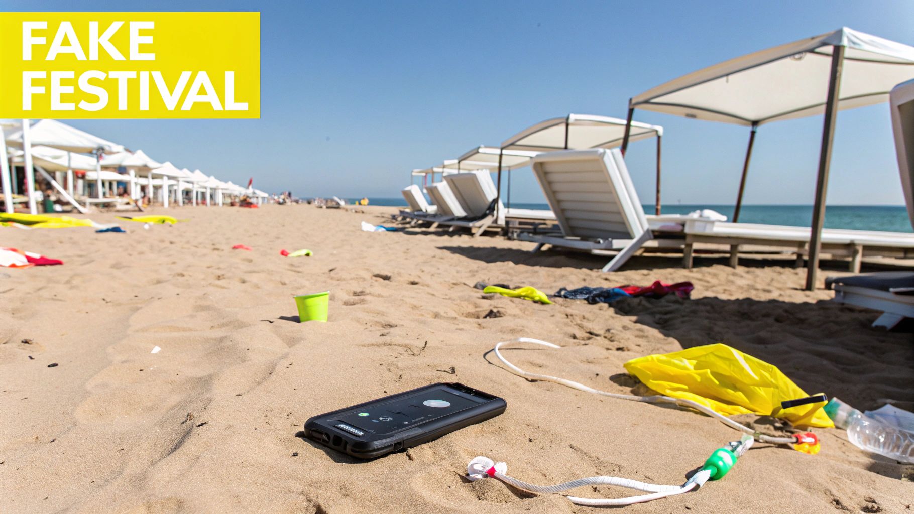 A messy beach scene with a smartphone, earbuds, and trash on the sand after a 'Fake Festival'.