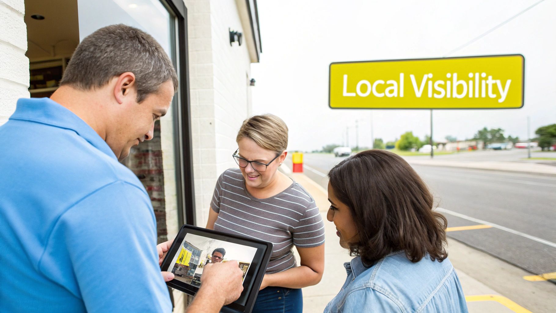 Three people review content on a tablet outside a business, with a 'Local Visibility' sign visible.