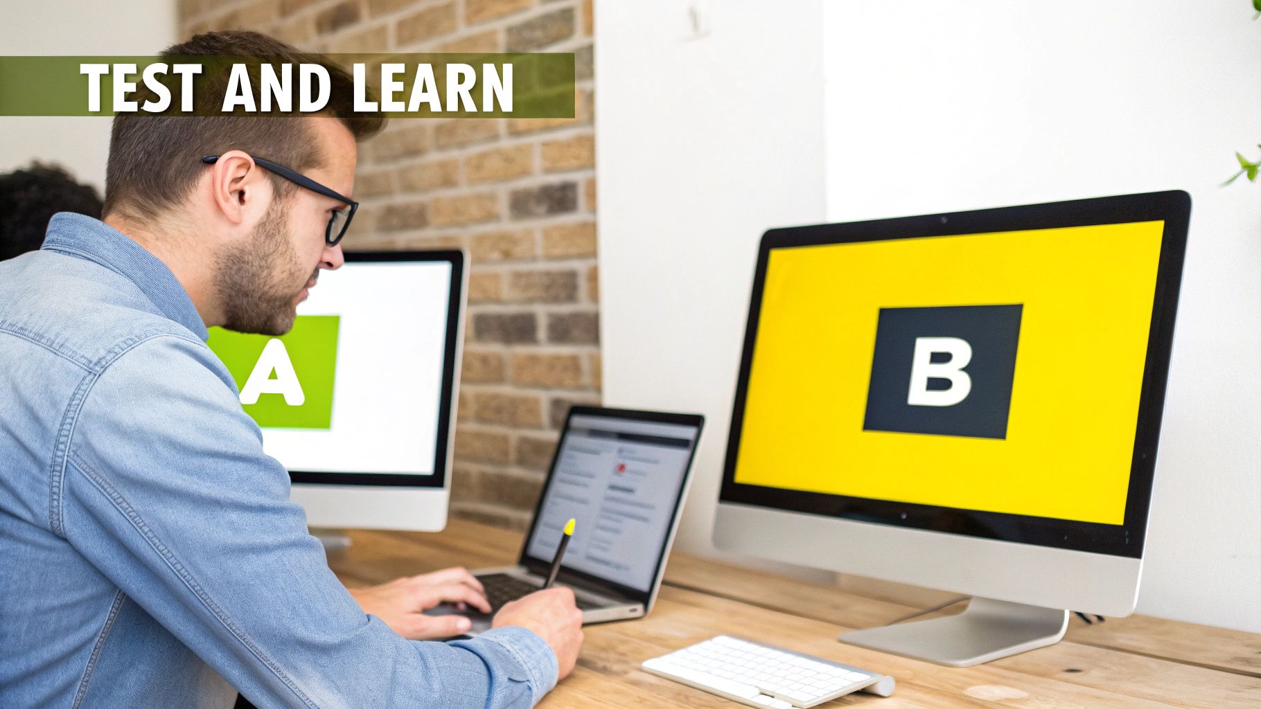 A man in glasses works on a laptop, with monitors displaying 'A' and 'B' for testing.