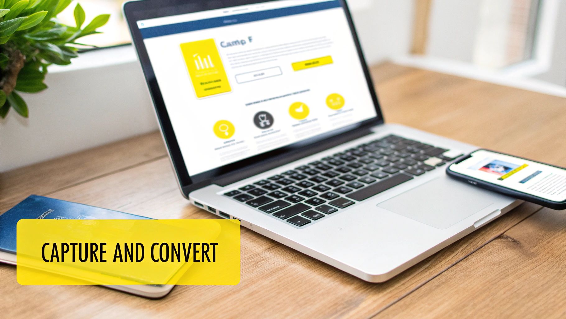 A laptop and smartphone displaying website content with yellow design elements on a wooden desk.