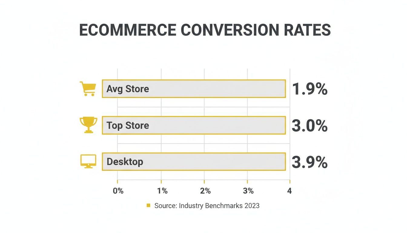 Bar chart showing ecommerce conversion rates for average, top stores, and desktop.