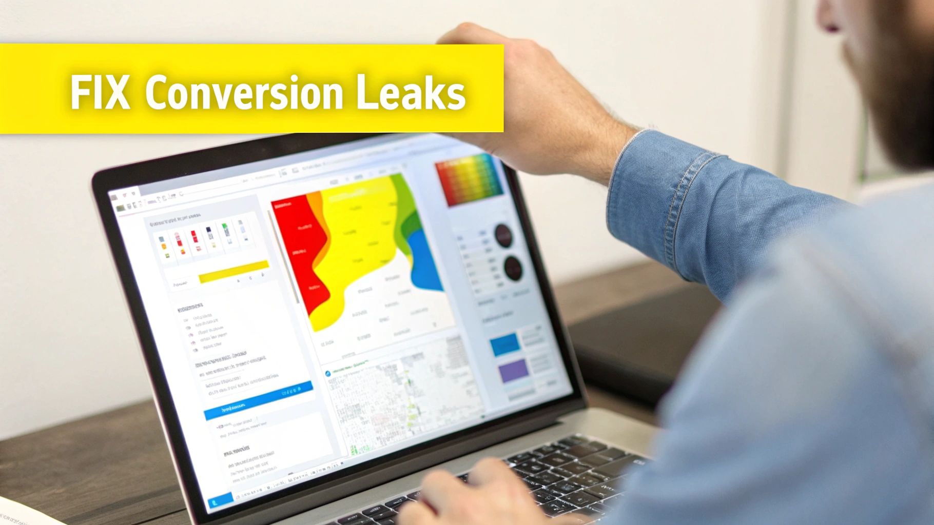 A person uses a laptop displaying data visualizations and a 'FIX Conversion Leaks' banner.
