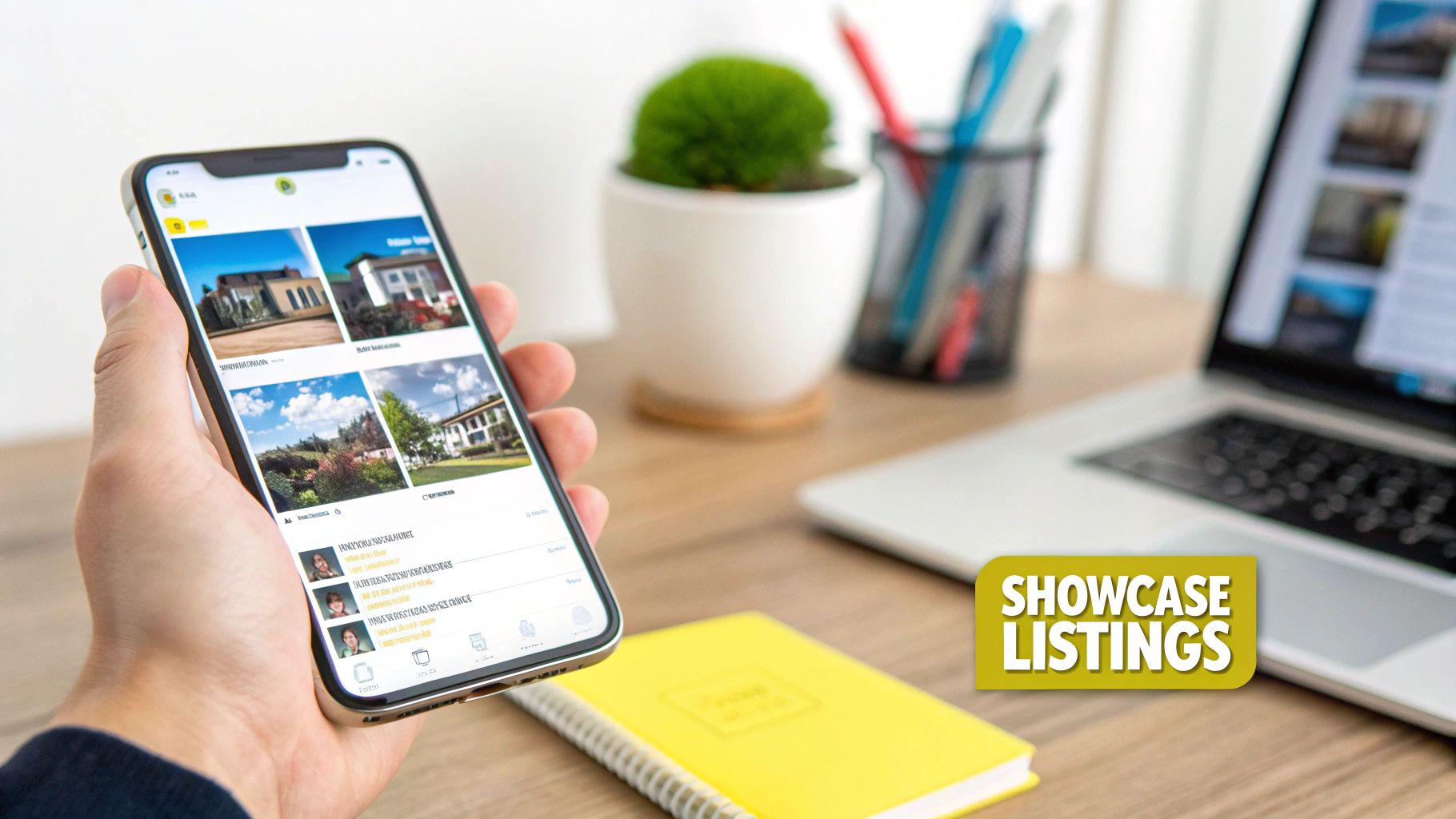 A hand holds a smartphone displaying real estate listings, with a laptop and office items on a desk.