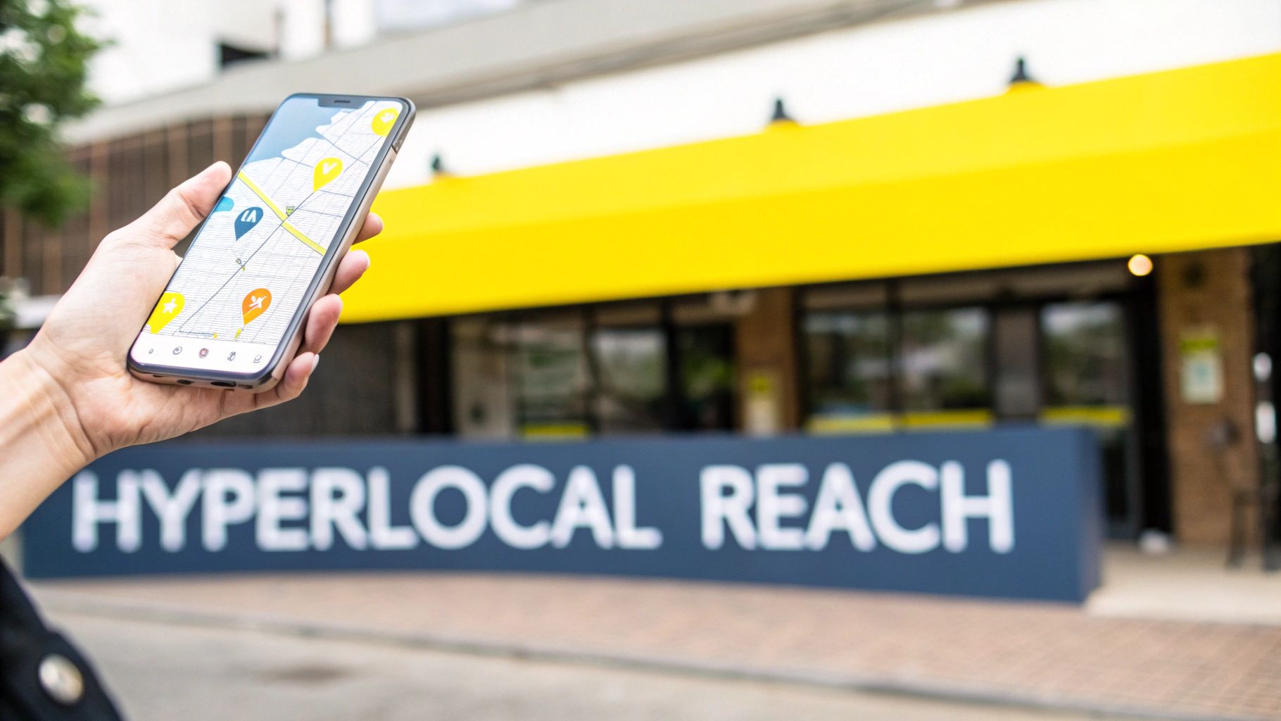 A hand holds a smartphone displaying a map application with colorful location pins, in front of a “HYPERLOCAL REACH” sign and a yellow-awned building.