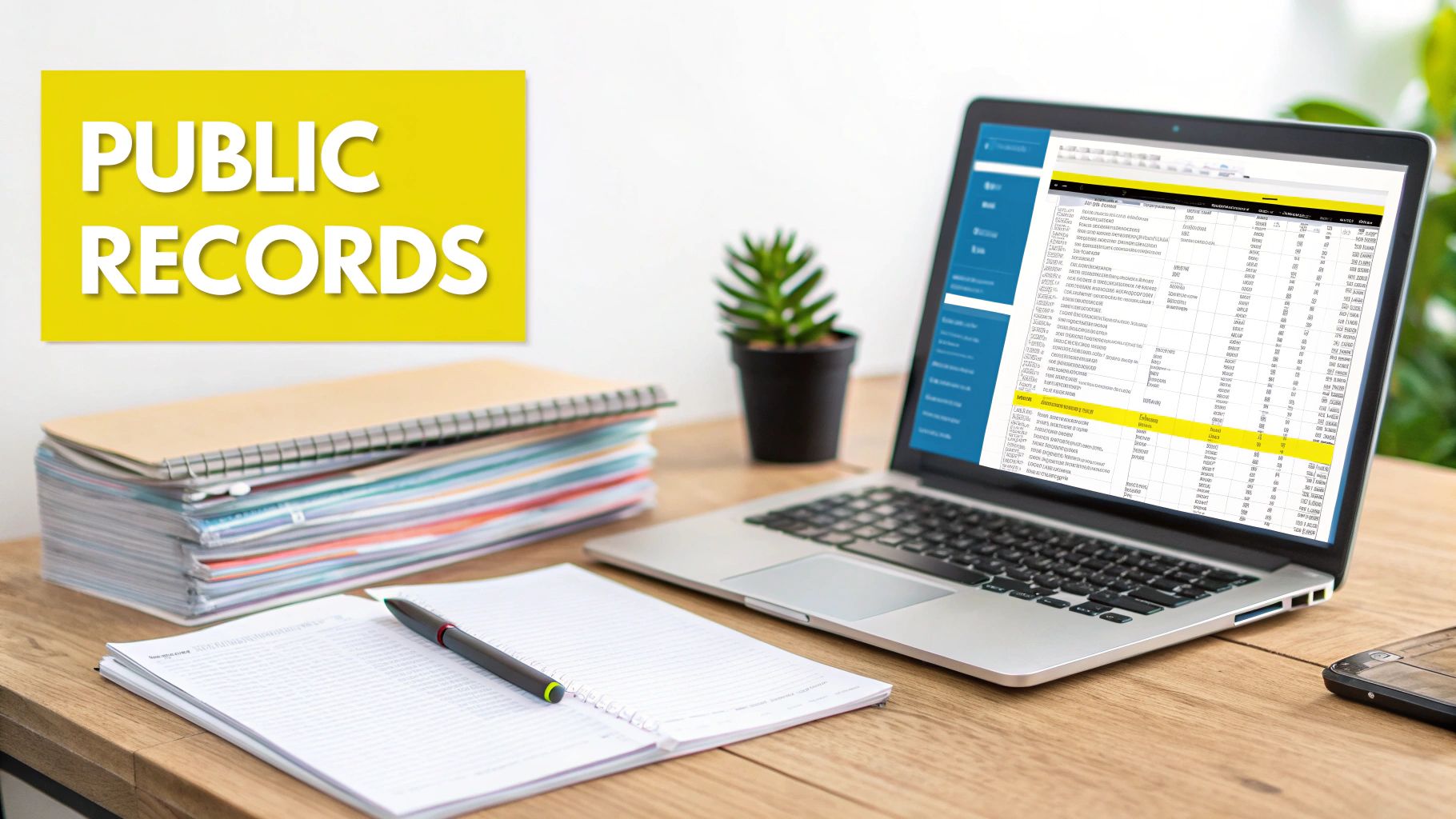 A desk with a laptop displaying public records data, a stack of files, a notebook, and a plant.
