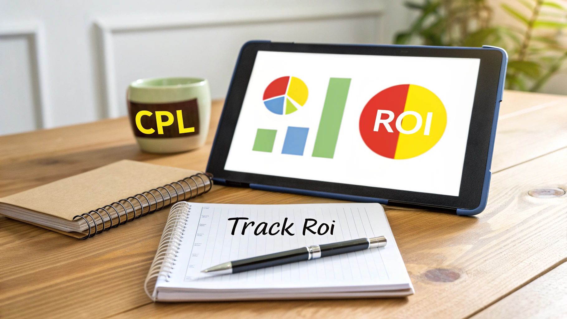 A desk with a tablet displaying ROI and charts, a CPL mug, and a notebook with 'Track Roi'.