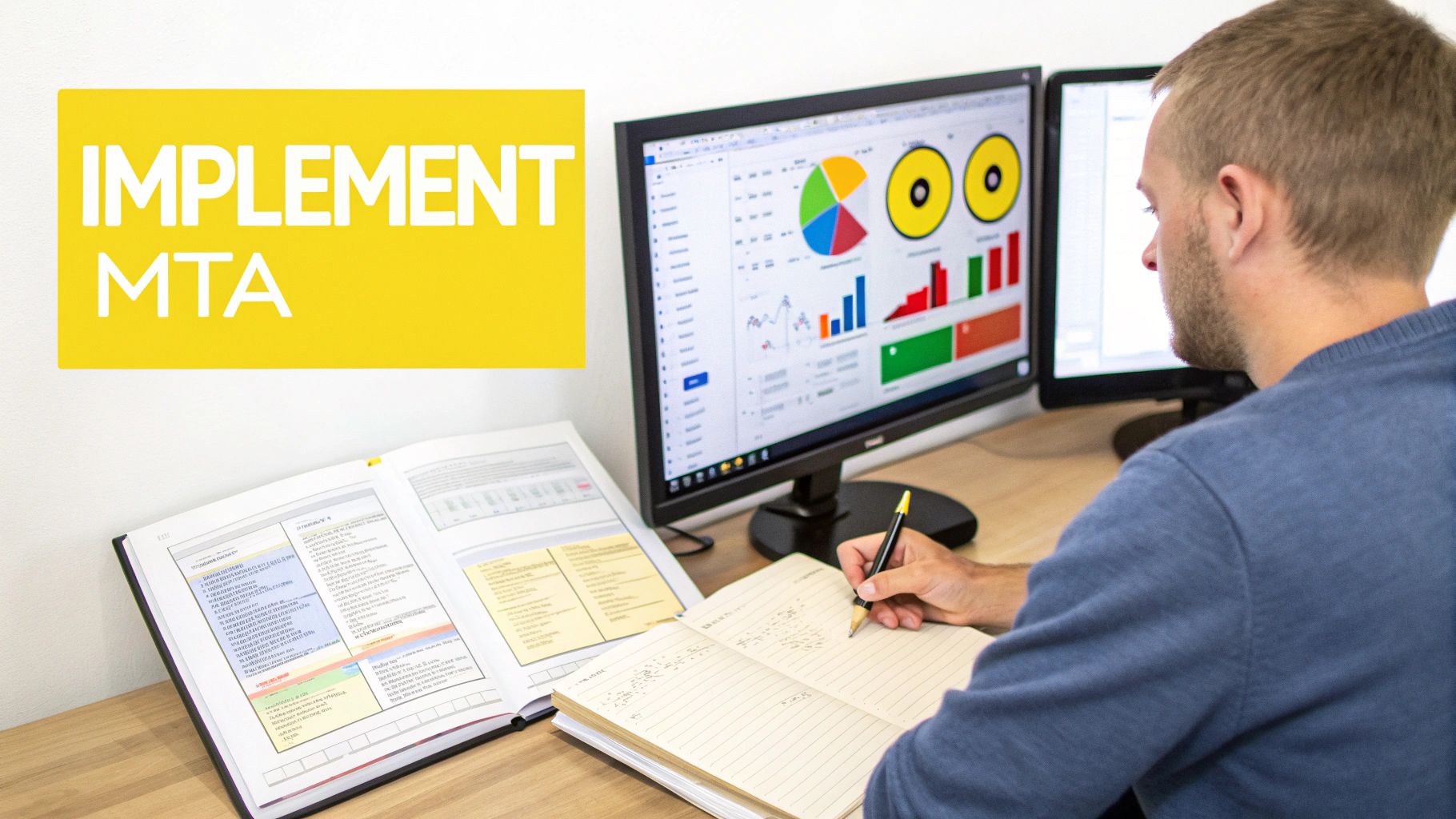 Person analyzing data on monitors, writing in a notebook, with 'IMPLEMENT MTA' sign.