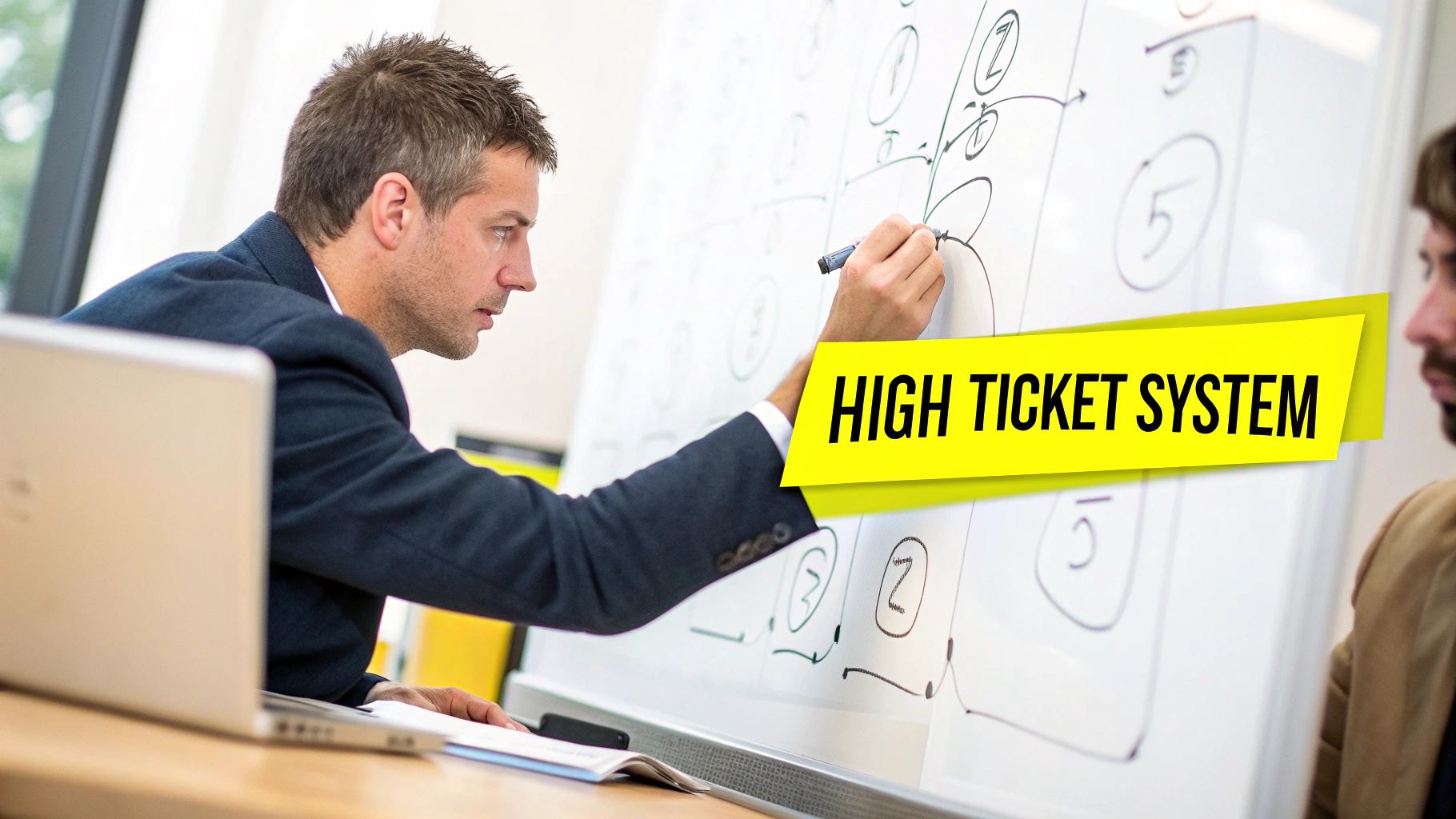 A man in a suit writing on a whiteboard, focusing on diagrams and numbers during a business meeting.