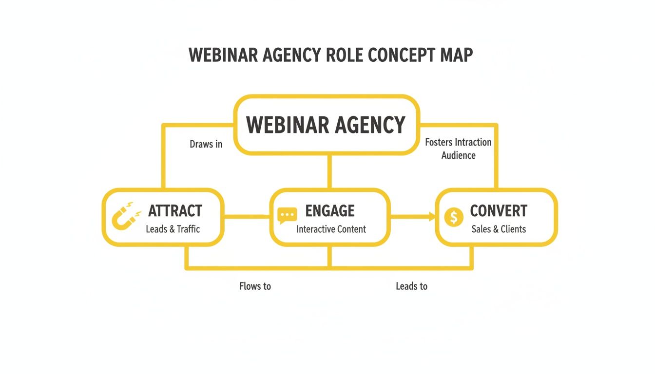A concept map illustrating the Webinar Agency's role in attracting leads, engaging audiences, and converting clients.