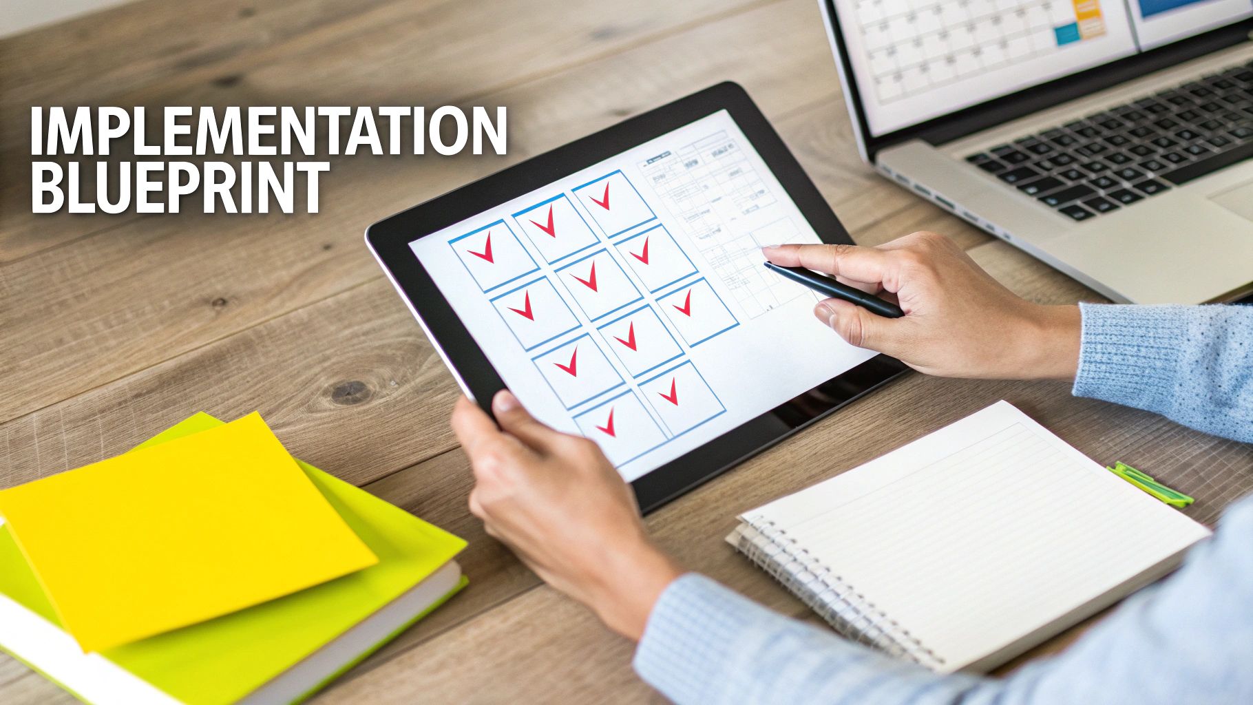 Person planning an 'IMPLEMENTATION BLUEPRINT' using a tablet with red checkmarks, laptop, and notebooks.