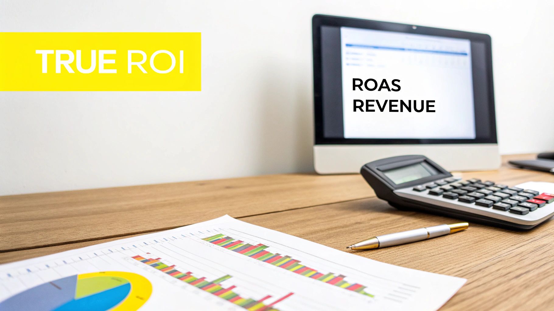 Business desk with a monitor showing ROAS Revenue, a calculator, charts, and TRUE ROI.